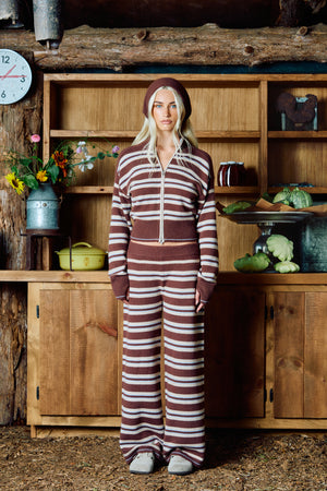 The Cashmere Zip Up - Coffee Stripe