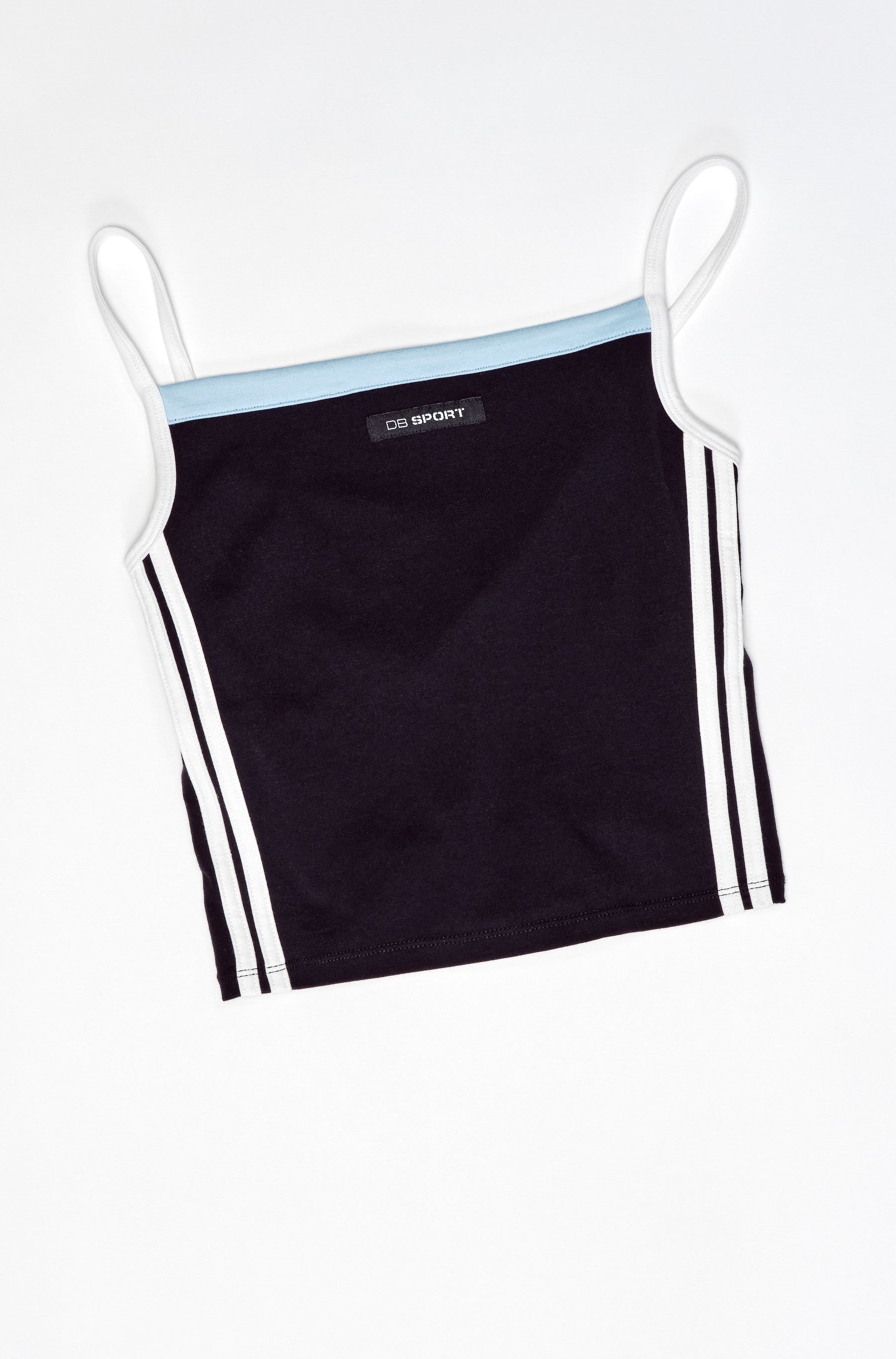 Black tank top with white straps and stripes on a white background |M1