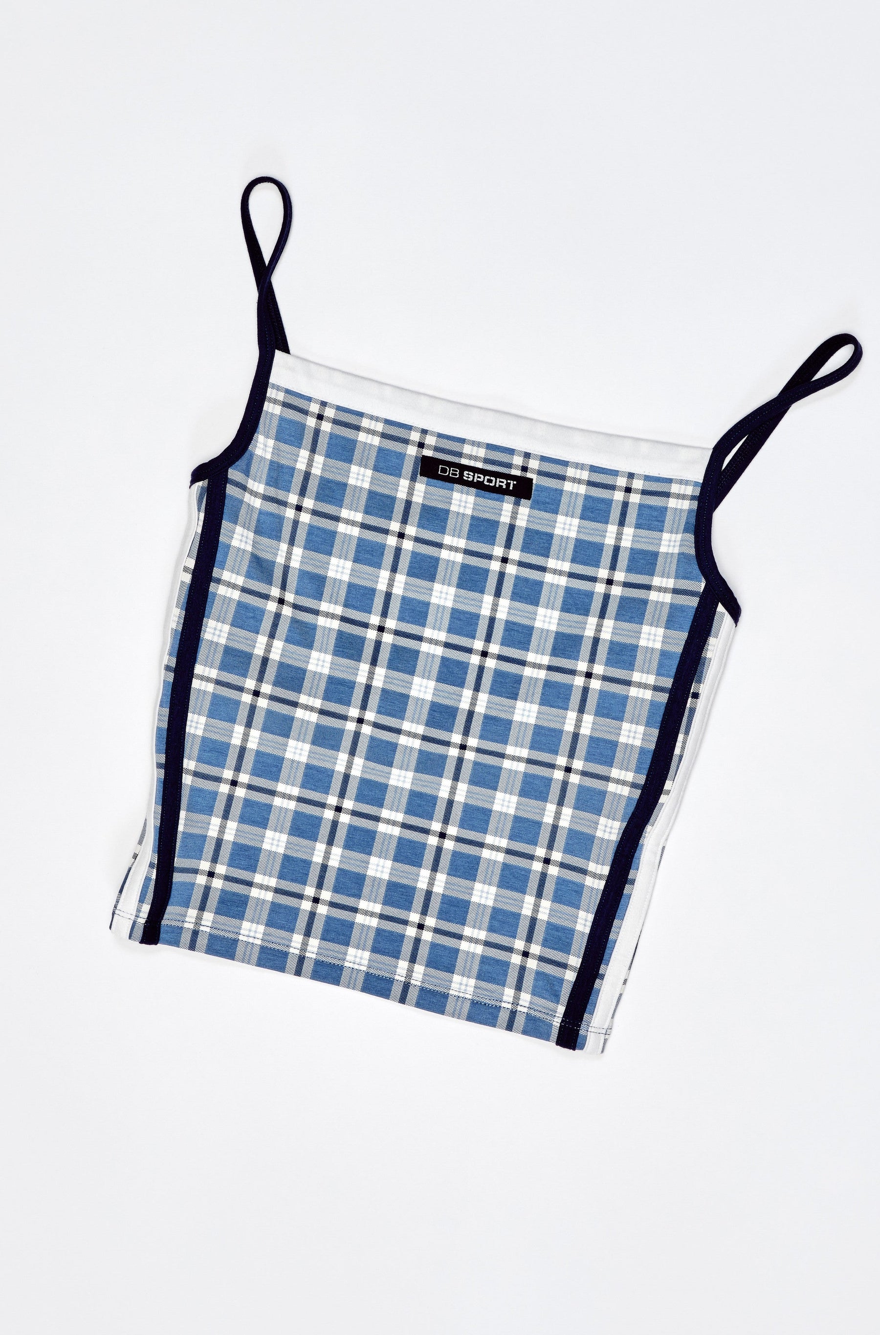 Blue and white checkered tank top on a light gray background