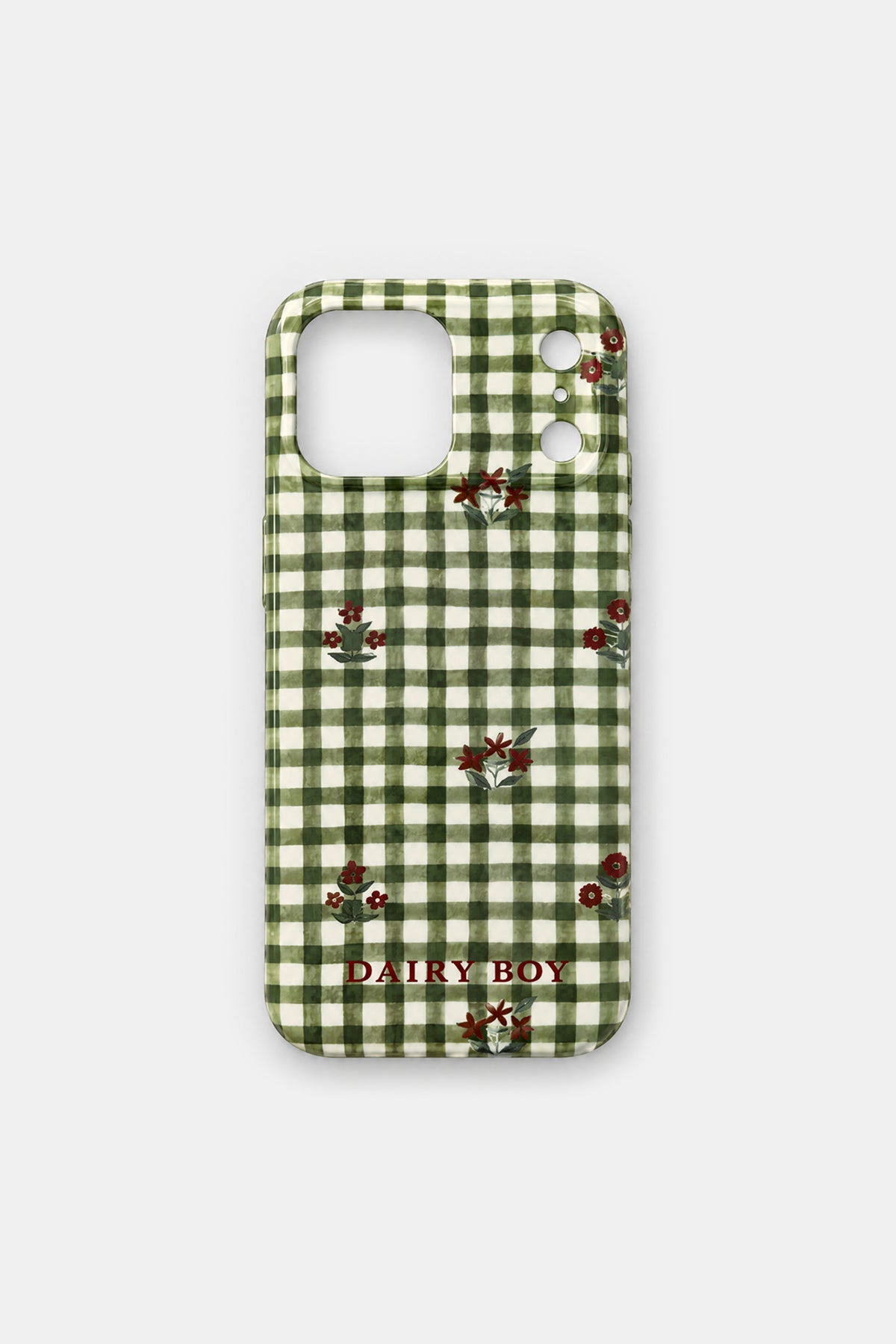 Phone case in green and white gingham with small red floral sprigs and "DAIRY BOY" in red lettering, back view with camera cutout.