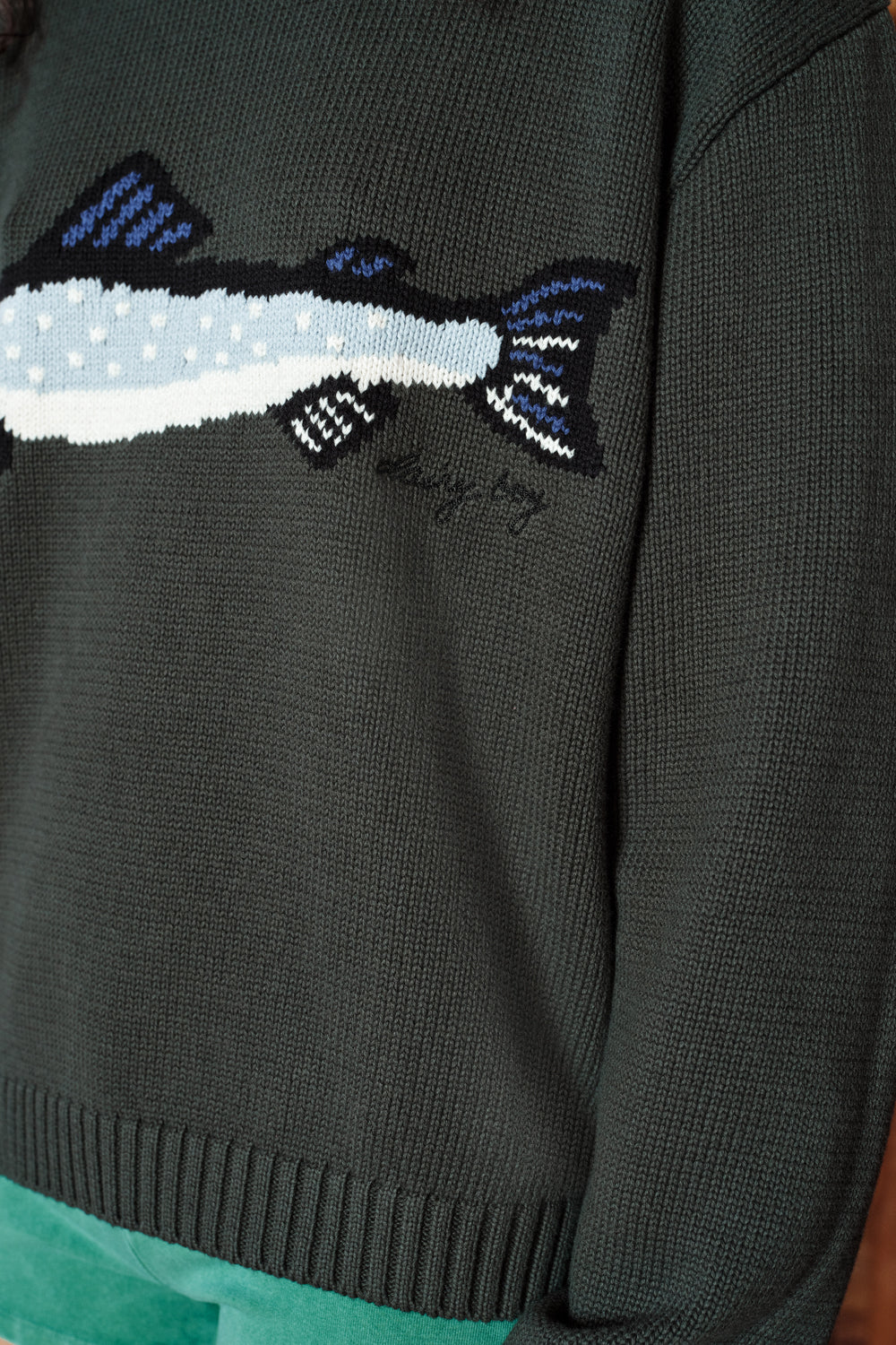 Dark gray sweater with a fish design on the chest
|M1