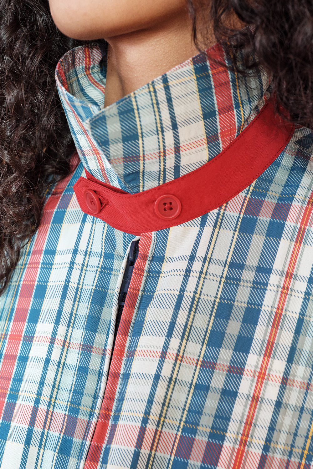 Close-up of a person wearing a plaid shirt with a red collar and buttons.
|M1