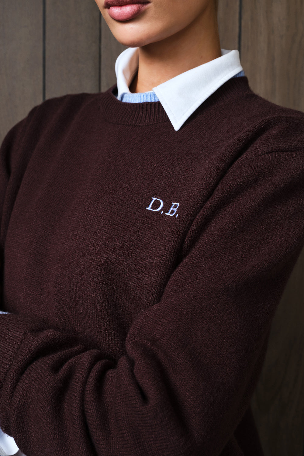 A close-up of a person wearing a dark brown knit sweater with a white embroidered 'D.B.
|M1
