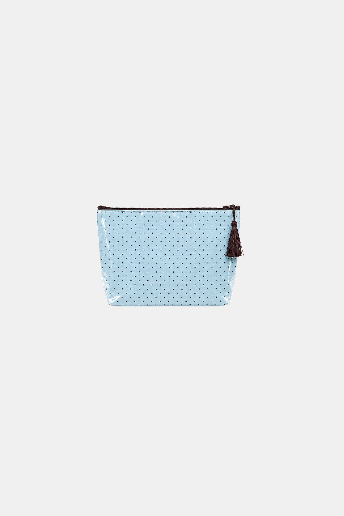 Light blue glossy makeup pouch with small dark brown polka dots, a brown zip top and a brown tassel pull, front flat view.