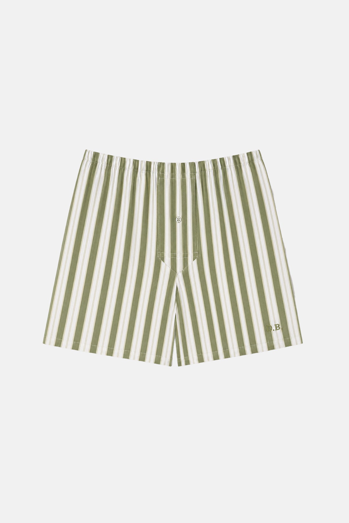 Green and white striped shorts on a light gray background