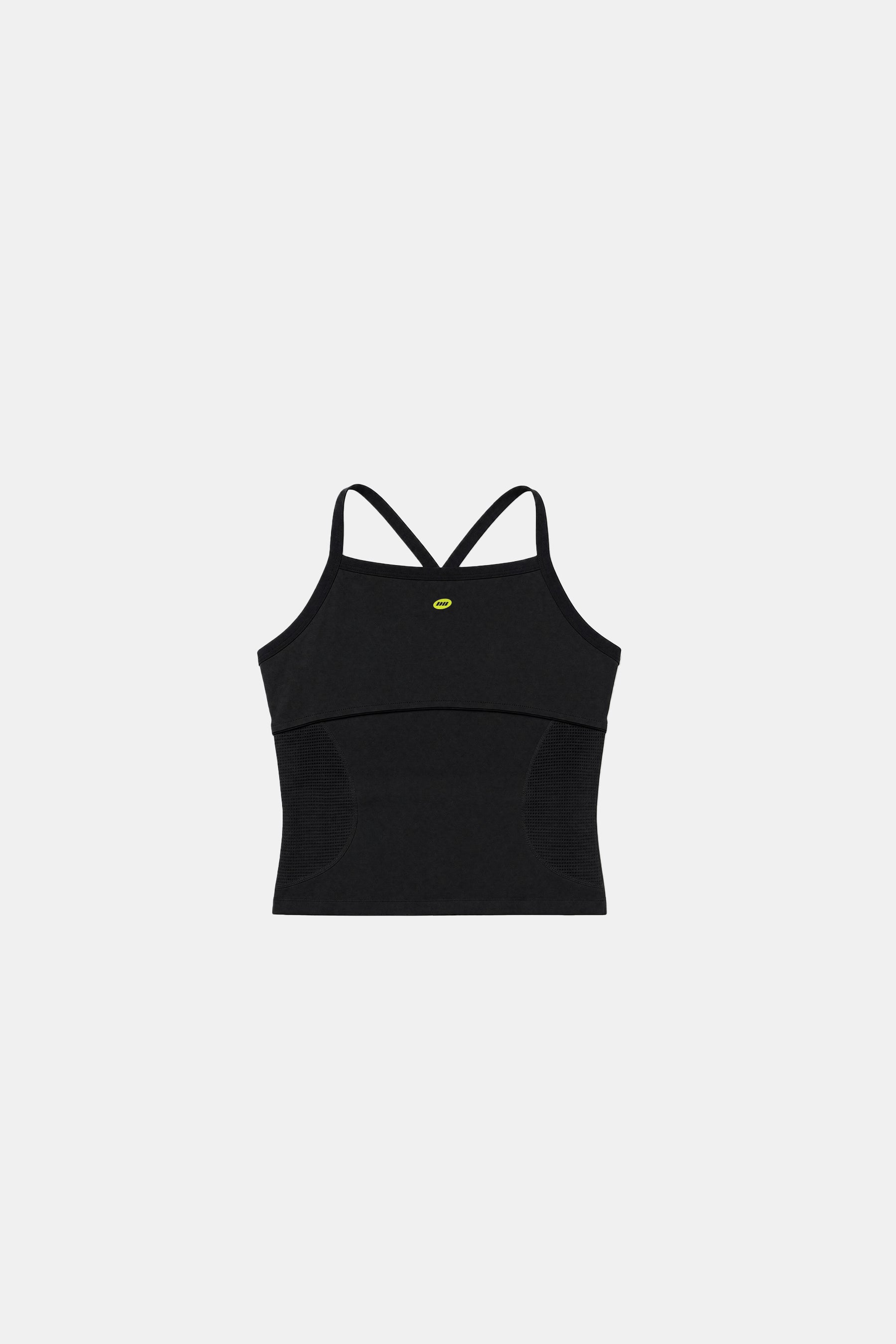 Black athletic tank top with a small neon green logo