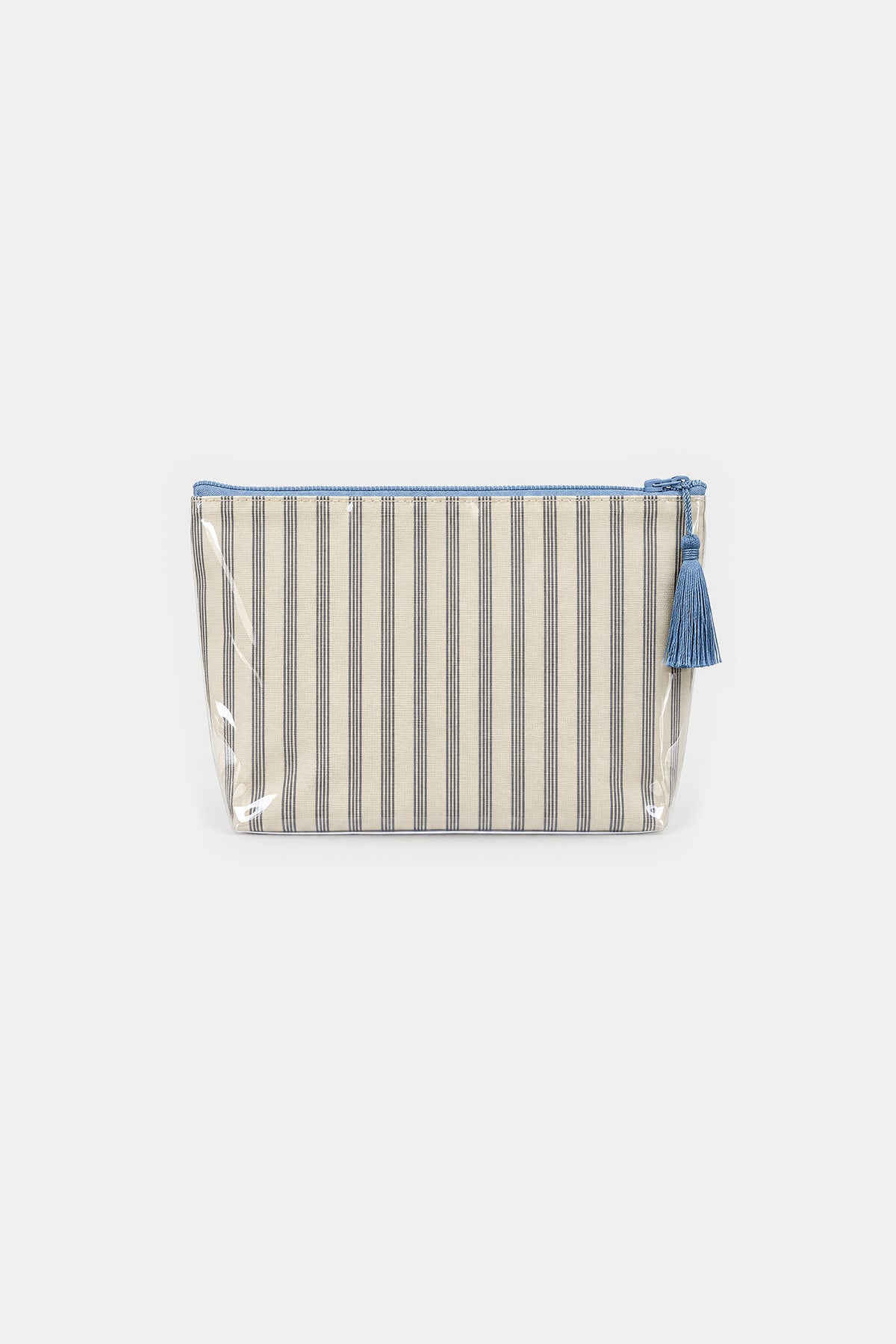 Front view of a makeup bag with brown and cream vertical stripes under a clear coating, with a blue zip and blue tassel.