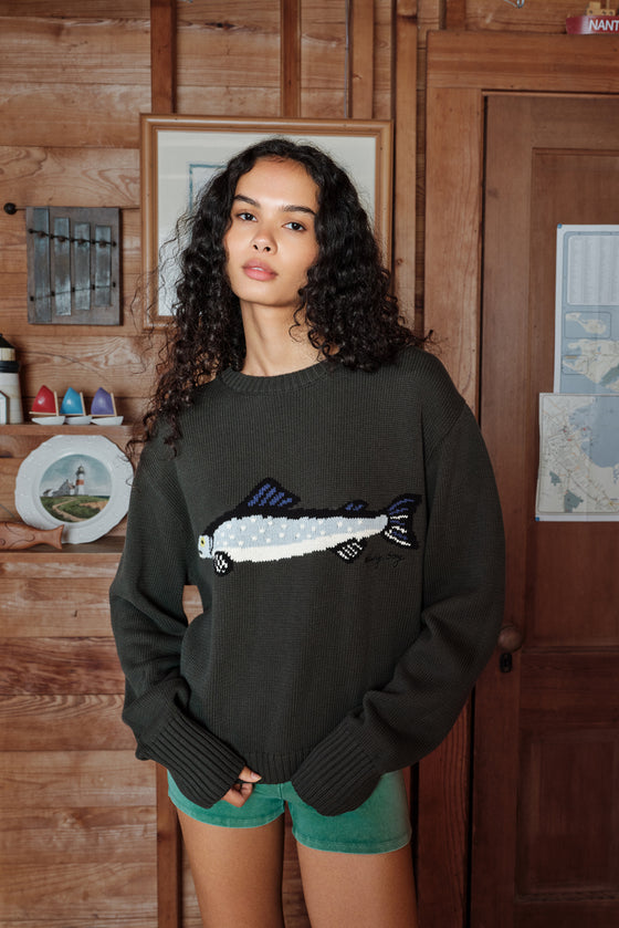 Woman wearing a green sweater with a fish design in a wooden interior setting
|M1