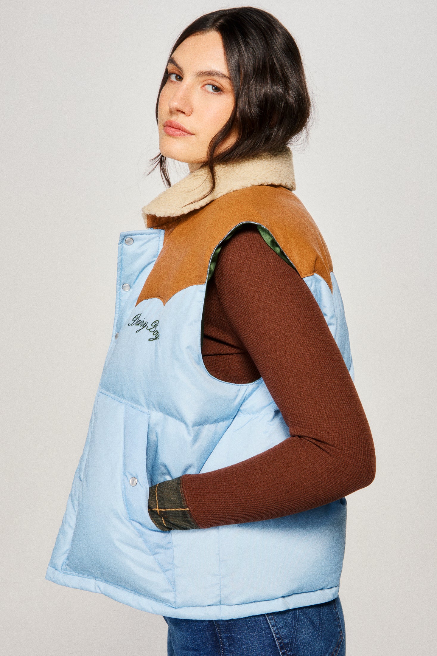 【美品】SUPPLIER PUFFER VEST & DENIM PANTS Mountain Puffer Vest - Sky Blue - Dairy Boy