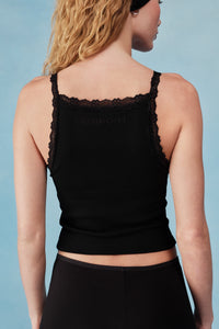 Black tank top with lace details on a plain background  |M1