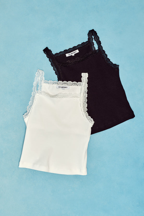 Two tank tops, one black and one white with lace trim, on a blue background.
