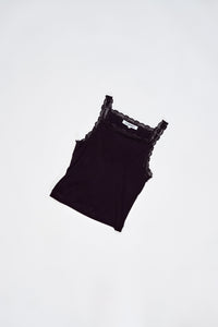 Black tank top with lace details on a white background