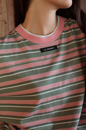Close-up of a striped shirt with a brand label on a model
|M1