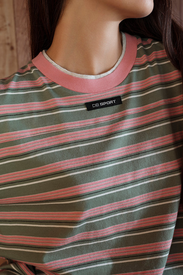 Close-up of a striped shirt with a brand label on a model
|M1
