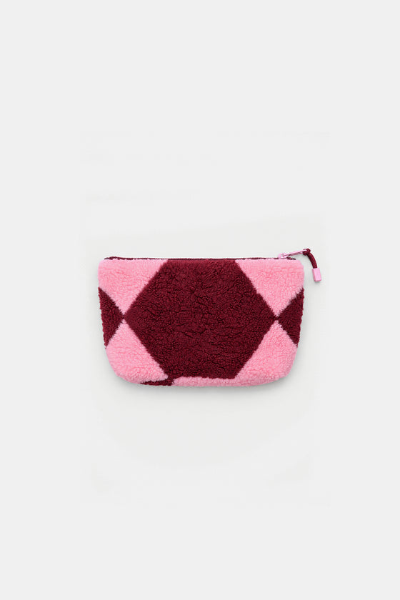 A small zippered pouch with a pink and dark burgundy geometric pattern, shown against a plain white background.