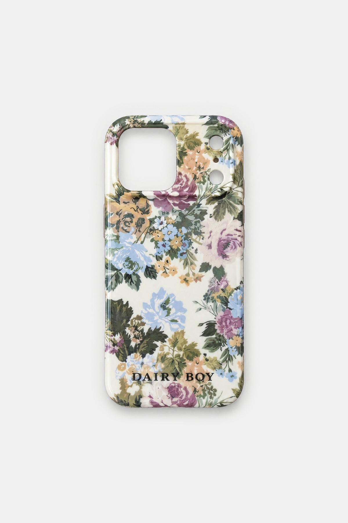 Back of a glossy phone case with a blue, purple and mustard floral pattern on cream, camera cutout and DAIRY BOY lettering.