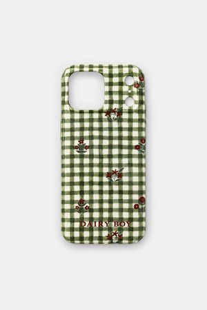 Phone case in green and white gingham with small red floral sprigs and "DAIRY BOY" in red lettering, back view with camera cutout.