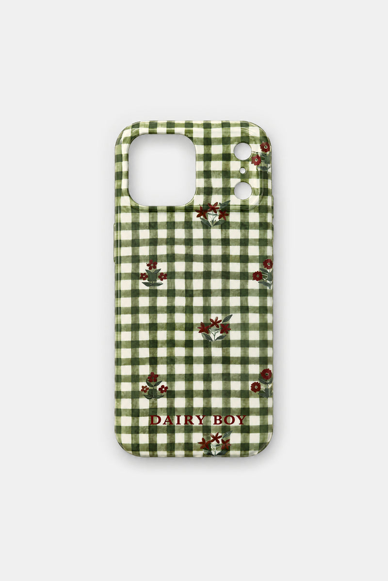 Phone case in green and white gingham with small red floral sprigs and "DAIRY BOY" in red lettering, back view with camera cutout.