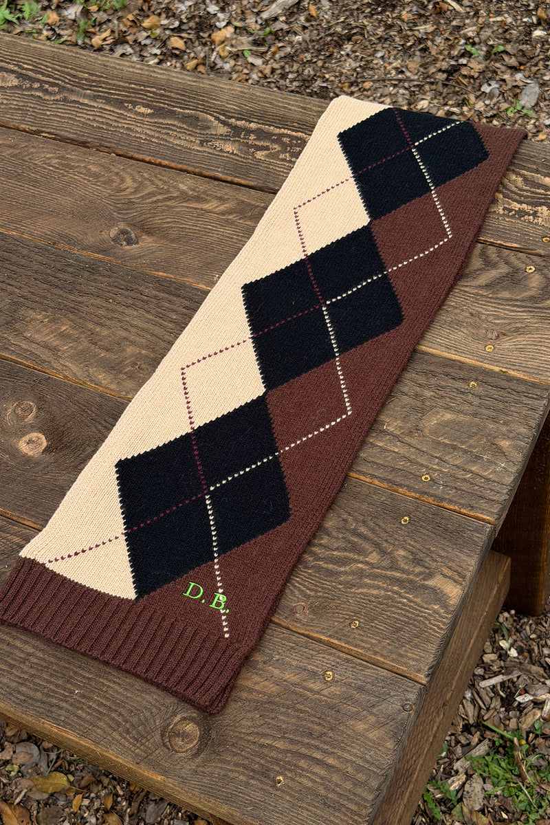A long knit sweater or scarf laid diagonally on a rustic wooden bench outdoors. The item has an argyle pattern in cream, dark navy, and brown, with thin white dotted lines forming the diamond shapes and a ribbed knit border.