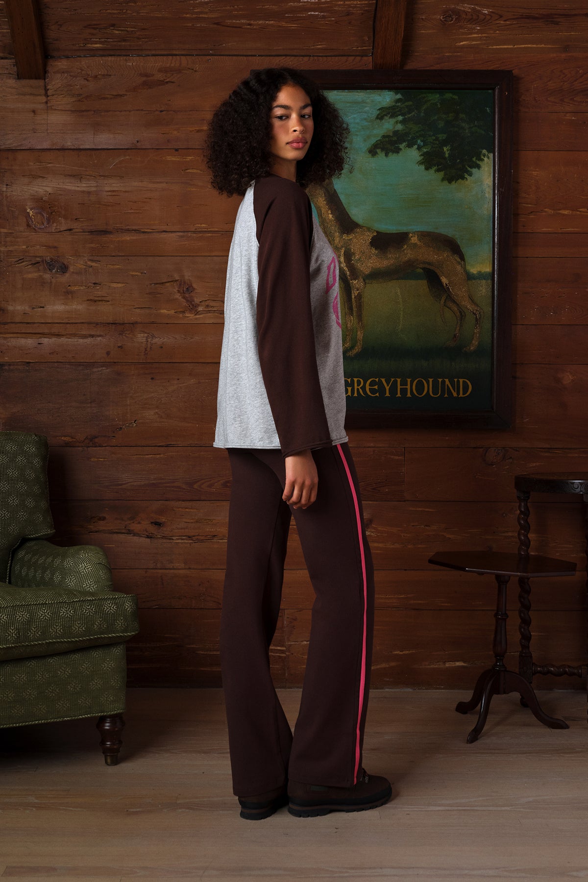 A woman stands in a rustic room with wood-paneled walls, wearing a raglan-style top with dark brown sleeves and light gray body panels, paired with dark brown pants featuring a bright pink stripe down the side. A framed painting of a greyhound is behind her.
|M1