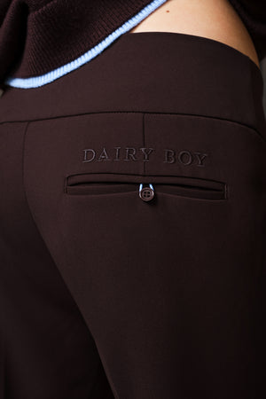 Close-up of dark brown pants with an embossed 'DAIRY BOY' logo on the back pocket, worn by a model with a light blue striped knit top visible at the top.
|M1