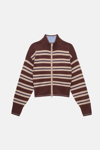 The Cashmere Zip Up - Coffee Stripe