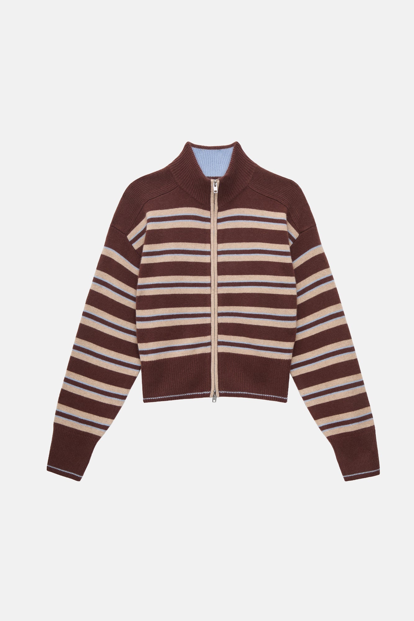The Cashmere Zip Up - Coffee Stripe