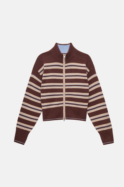 The Cashmere Zip Up - Coffee Stripe