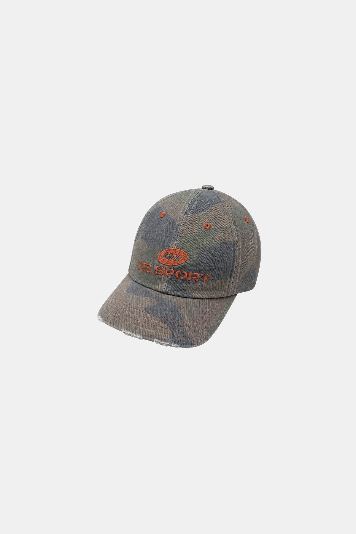 camo baseball hat with orange DB Sport logo