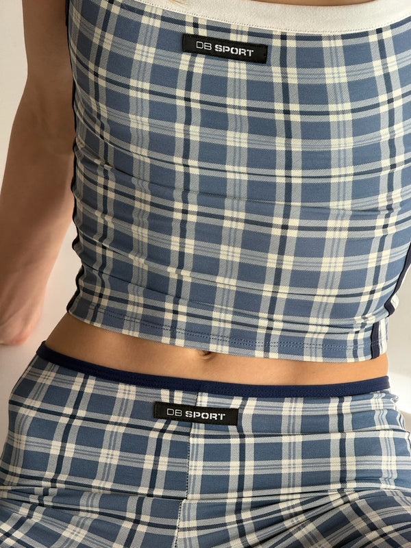 Blue and white plaid tank top and capris with 'DB Sport' label on a neutral background  |M1