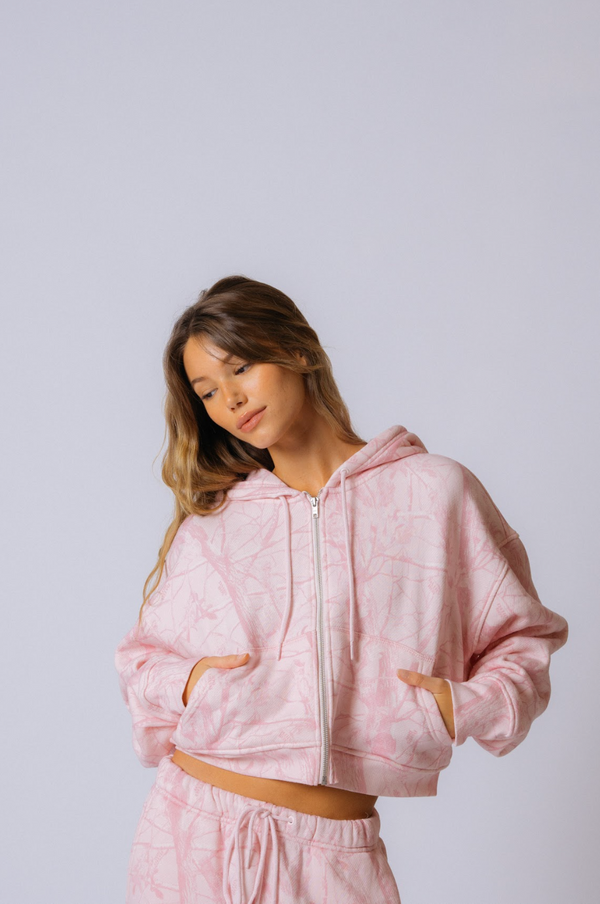 Cropped Zip Hoodie - Bubblegum Camo