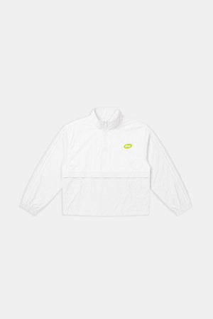 A white long-sleeve half-zip pullover jacket with a small lime green logo on the left chest, displayed flat against a light gray background.