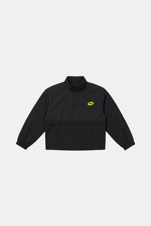 A black long-sleeve half-zip pullover jacket with a small yellow logo on the left chest, displayed flat against a light gray background.
|M1