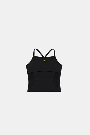 Black athletic tank top with a small neon green logo