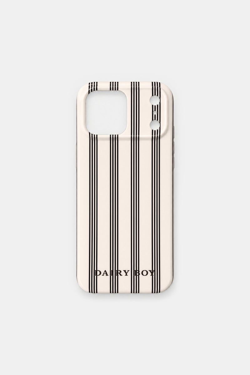 Back view of a cream phone case with black vertical pinstripes, a square camera cutout and "DAIRY BOY" lettering near the bottom.