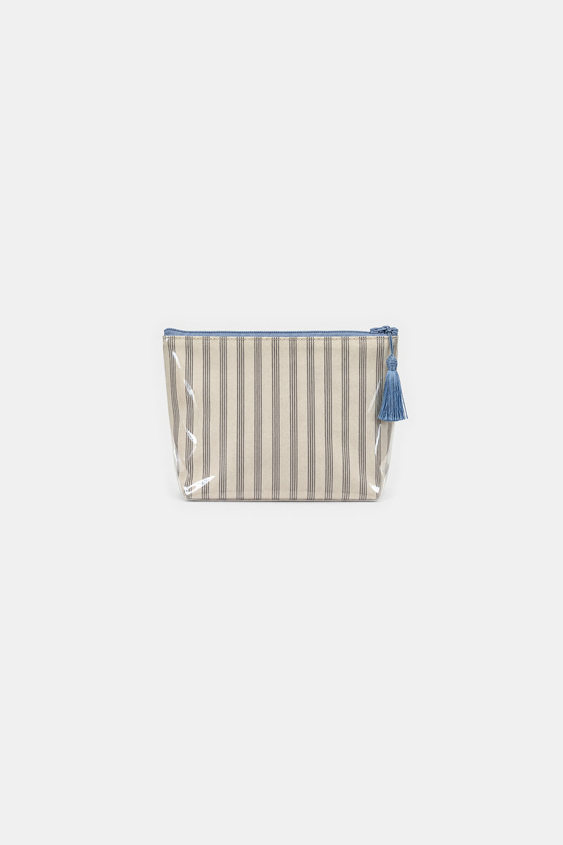 Front view of a small zip pouch with brown-and-cream vertical stripes, a clear glossy front layer and a blue tassel on the zip pull.